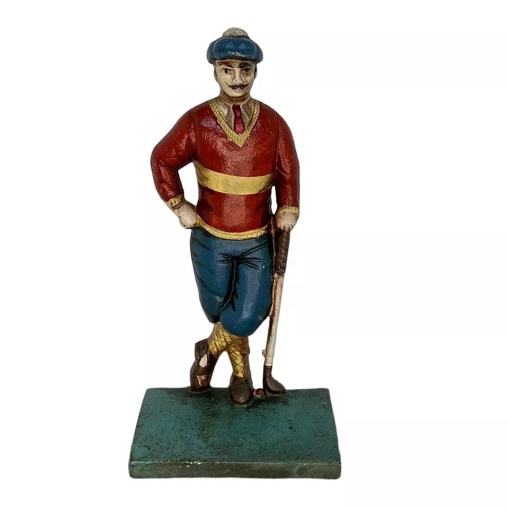 Vintage male golfer cast iron heavy red blue door stop